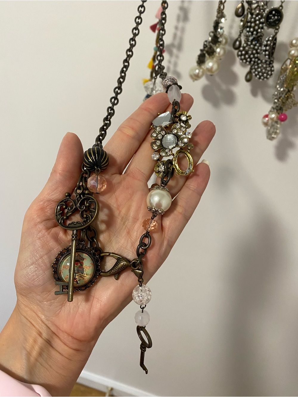 Plunder Antique Bronze Key & Pearl Drop Necklace with Pink and Crystal Accents